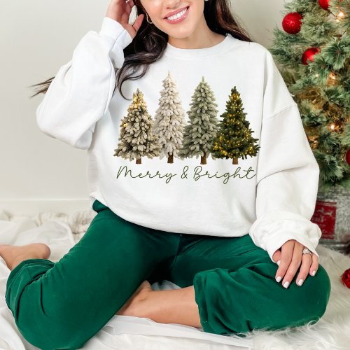Christmas Tree Crewneck Sweatshirt — "Merry & Bright" Holiday Sweatshirt