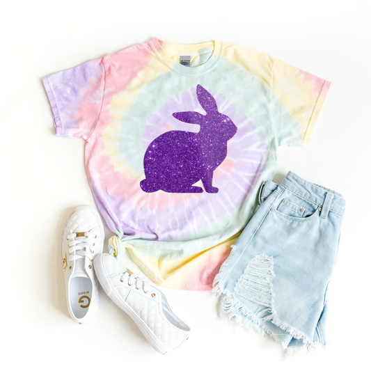 Spiral Tie-Dye Tee with Purple Rabbit Design | Boho Summer Shirt, Easter Gift, Festival Wear, Cute Animal Top
