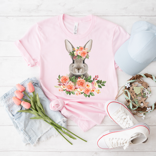 Floral Bunny T-Shirt, Spring Fashion, Garden Party Top, Easter Gift, Nature Lover's Tee, Animal Art Shirt