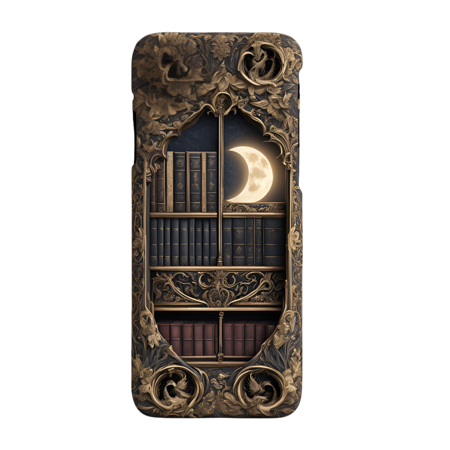 Gothic Bookshelf Phone Case, Gothic Library Crescent Moon Phone Case, Gothic Book Phone Case for Google, iPhone, and Samsung