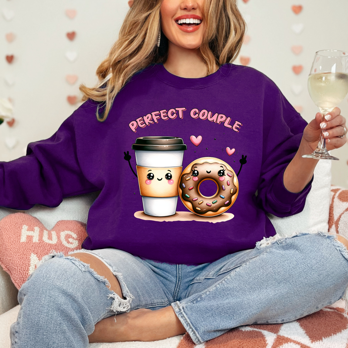 Valentine's Day Sweatshirt. Cute Coffee and Donut Sweatshirt, Perfect Couple Crewneck, Gift for Food Lovers, Cozy Apparel, Fun Couple's Clothing