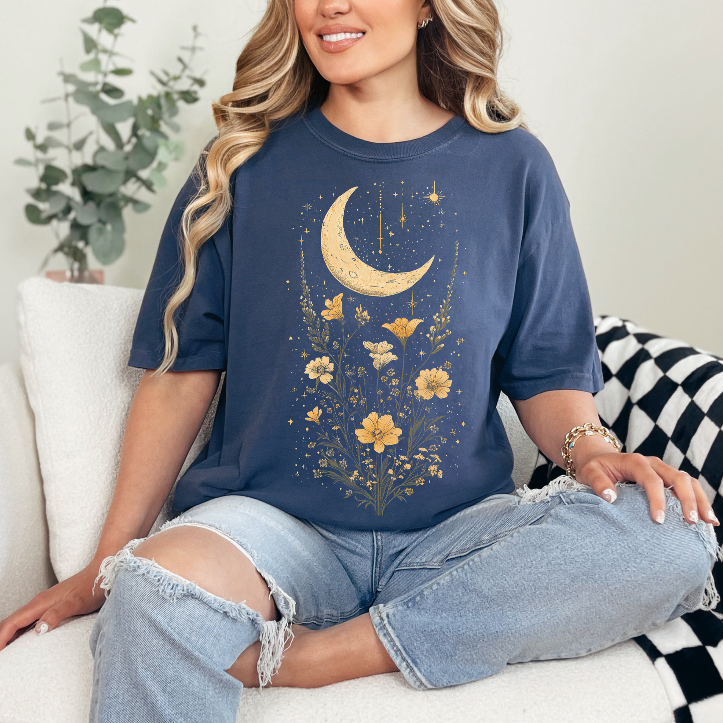 Moonlit Floral Unisex Softstyle T-Shirt - Night Sky Design for Nature Lovers, Celestial Cottage Core Shirt