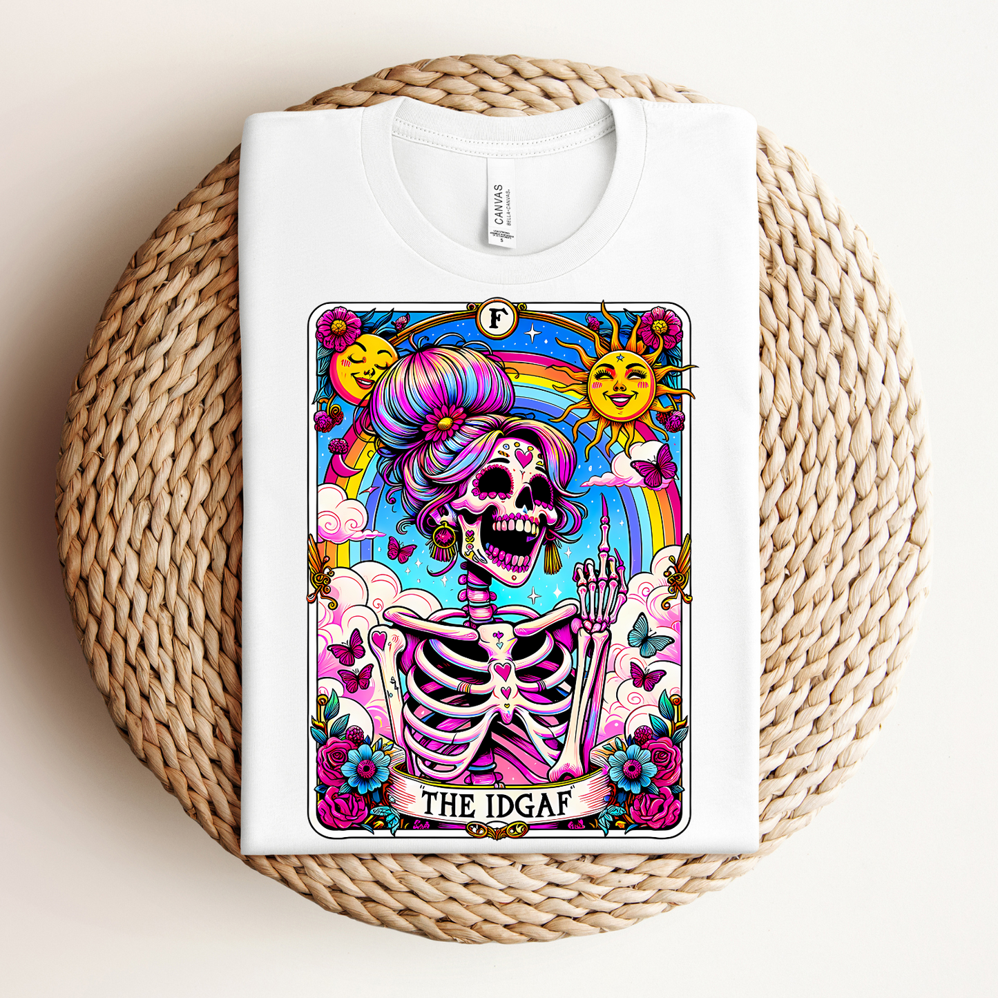 IDGAF Skeleton Art Unisex Jersey Tee - Colorful Graphic T-Shirt for Day of the Dead & Everyday Vibes, The sarcastic Sweary TShirt, Trendy Skeleton Skull Tee Shirt, Sassy Funny Witchy TIDGAF Funny Tarot Card T-Shirt, Sa-Shirt,Sarcastic Tee Shirt