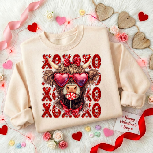 Valentine Cow Crewneck Sweatshirt — Cute Heart Sunglasses XOXO Design