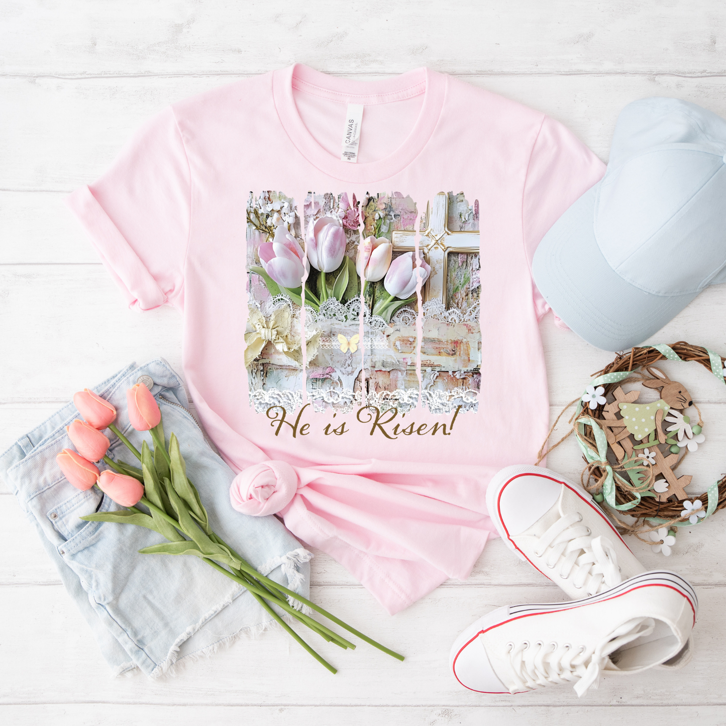 He Is Risen Tulip T‑Shirt — Easter Floral Christian Tee