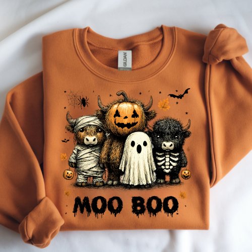 Halloween Themed Crewneck Sweatshirt - 'Moo Boo' Design Farm Animal Halloween Shirt