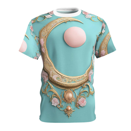 Elegant Moon & Floral Unisex Tee - Stylish Cut & Sew Design, Elegant Crescent Moon AOP Shirt