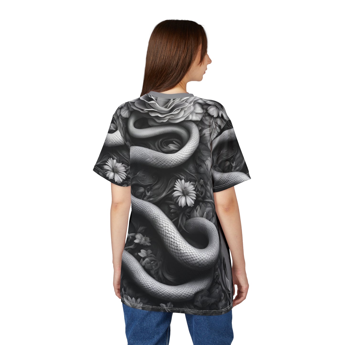 Serpent and Floral Unisex Tee - Stylish Graphic Shirt for Nature Lovers, Black and White Snake and Flowers AOP Shirt