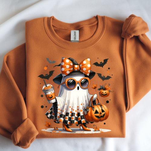 Boojee Halloween Pumpkin Ghost Sweatshirt, Cozy Fall Apparel, Unisex Crewneck, Unique Halloween Gift, Casual Sweatshirt for Celebrations