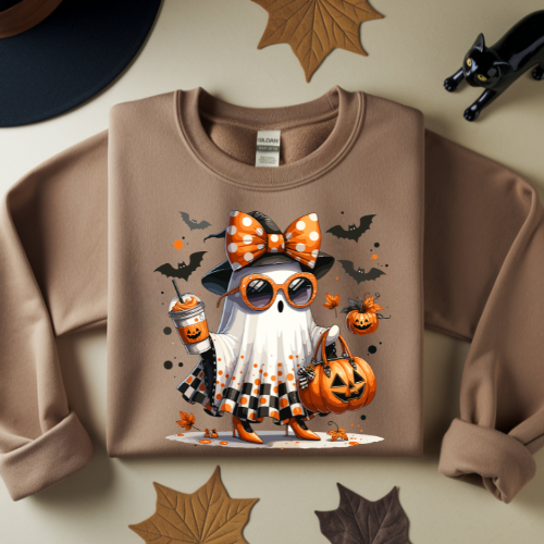 Boojee Halloween Pumpkin Ghost Sweatshirt, Cozy Fall Apparel, Unisex Crewneck, Unique Halloween Gift, Casual Sweatshirt for Celebrations