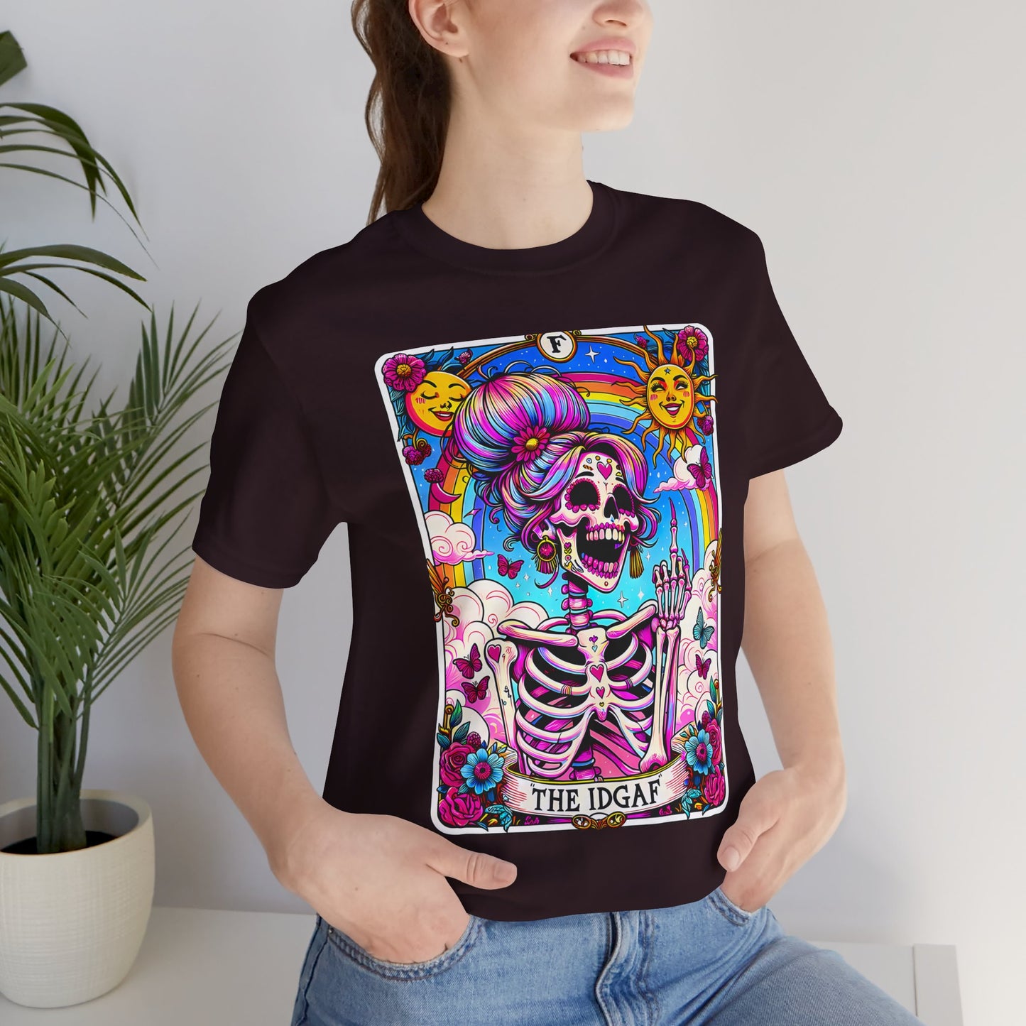 IDGAF Skeleton Art Unisex Jersey Tee - Colorful Graphic T-Shirt for Day of the Dead & Everyday Vibes, The sarcastic Sweary TShirt, Trendy Skeleton Skull Tee Shirt, Sassy Funny Witchy TIDGAF Funny Tarot Card T-Shirt, Sa-Shirt,Sarcastic Tee Shirt