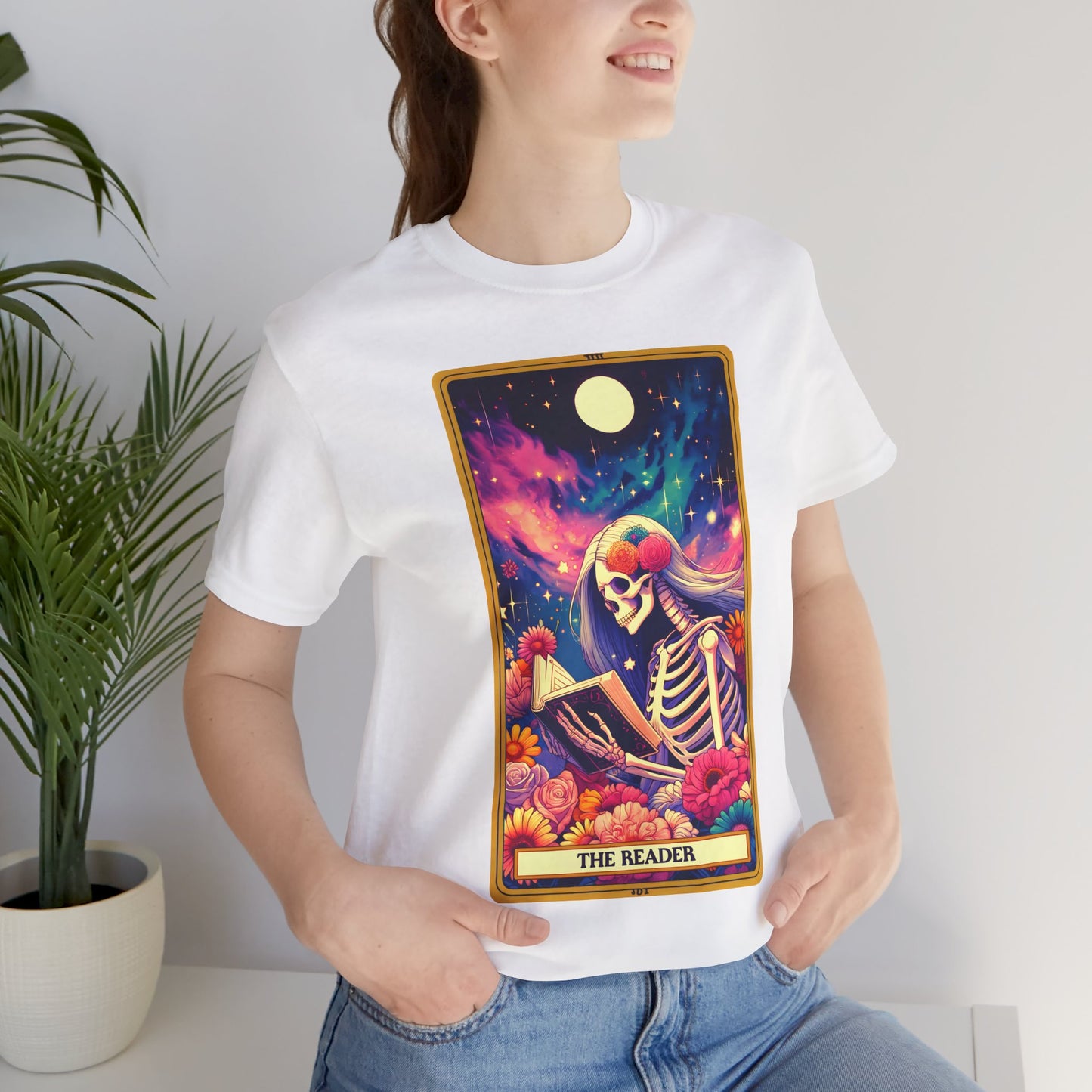 The Reader Skeleton Graphic Tee - Unisex Jersey Short Sleeve Shirt, The Reader Tarot Card Shirt, Skeleton Reading Shirt, Reading Shirt, Tarot Card Shirt, Book Lover Gift, Bookish Gift, Tarot Lover Gift