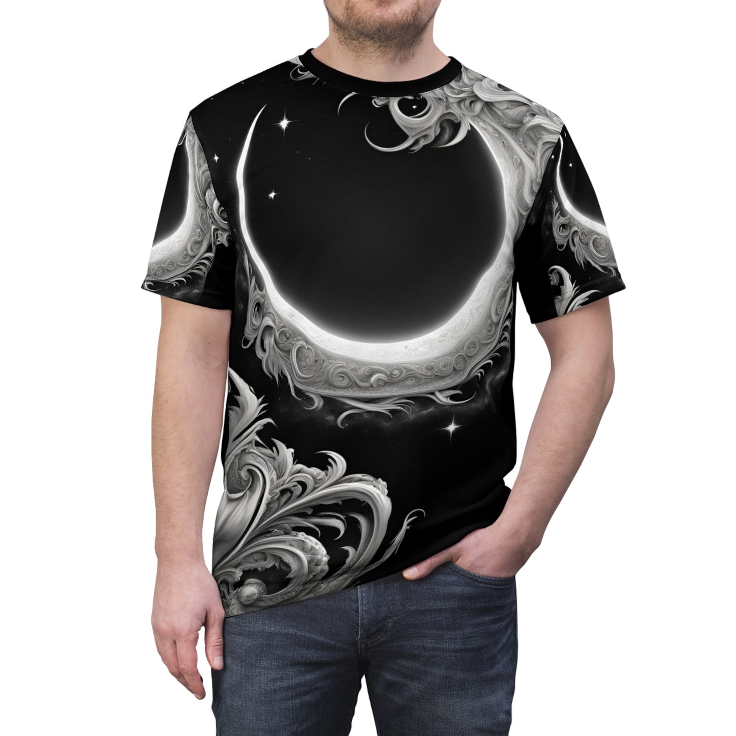 Ethereal Moon Phase Unisex Cut & Sew Tee - Celestial Black Graphic T-Shirt