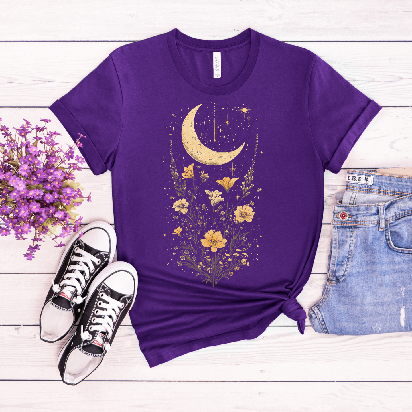 Moonlit Floral Unisex Softstyle T-Shirt - Night Sky Design for Nature Lovers, Celestial Cottage Core Shirt