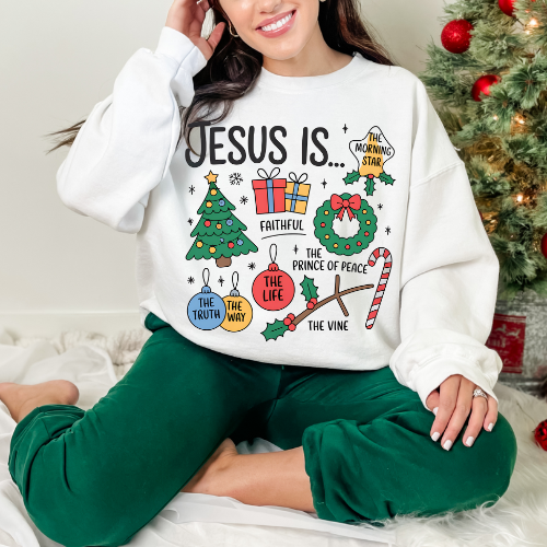 Festive Christian Crewneck Sweatshirt - Jesus Is, Holiday Gift, Cozy Wear, Faith-Based Apparel, Christmas Sweater