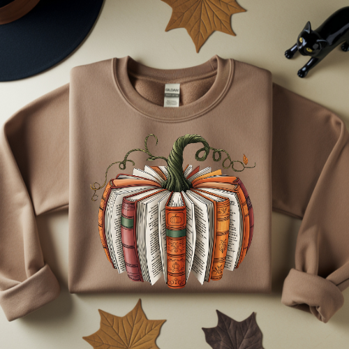 Pumpkin Books Crewneck Sweatshirt - Cozy Fall Apparel, Fall Book Reader Shirt