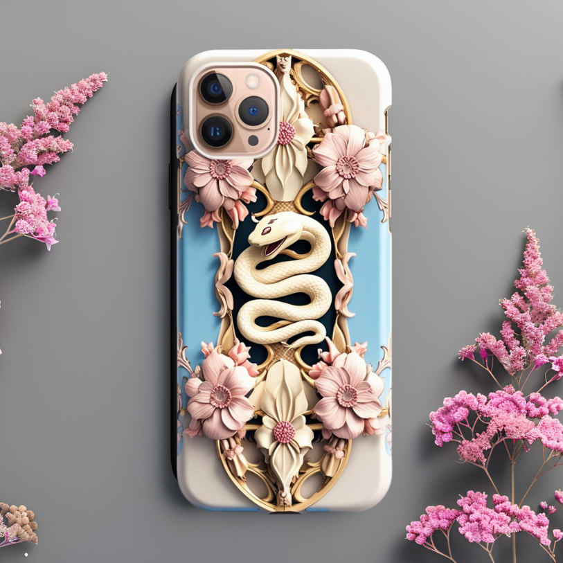 Artistic Snake Phone Case - Floral Design, Tough & Stylish, Elegant Snake and Flowers Phone Case for iPhone, Samsung, and Google Pixel