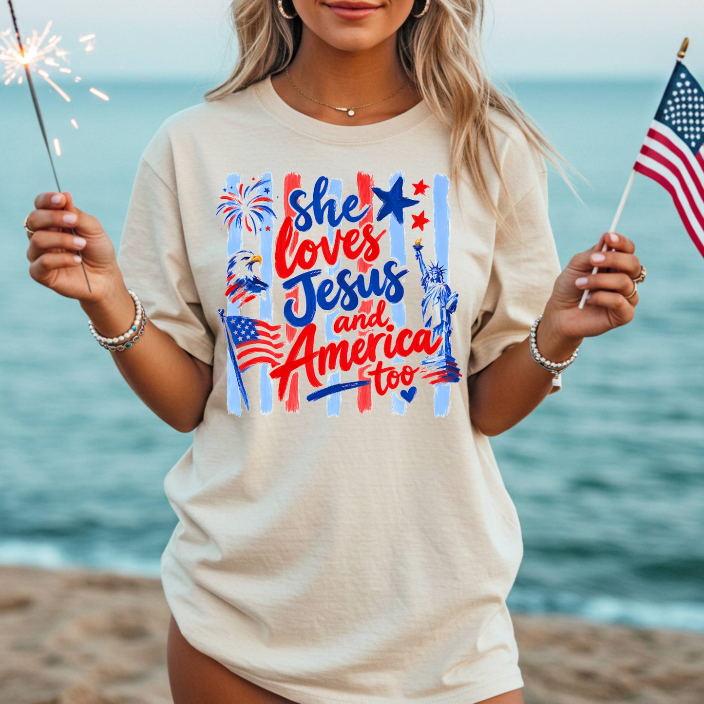 She Loves Jesus and America Tee, 4th of July Shirt for Her, American Pride shirt Women