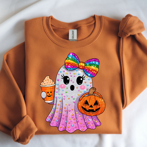 Cute Halloween Ghost Sweatshirt with Rainbow Bow — Trick-or-Treat Pumpkin & Cupcake Design