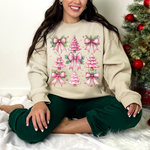 Festive Christmas Sweatshirt with Bows and Trees, Cozy Holiday Gift, Winter Apparel, Unisex Crewneck, Cute Christmas Sweater