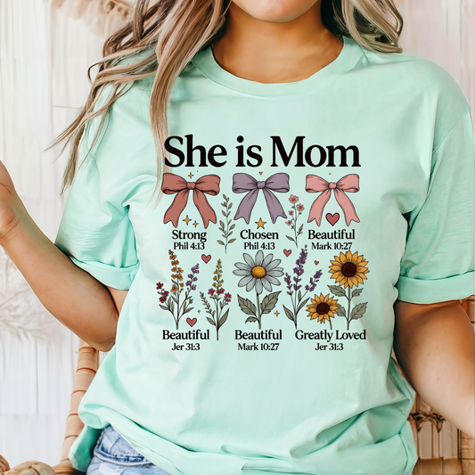 She Is Mom T-Shirt — Inspirational Christian Mom Tee (She is Mom: Strong, Chosen, Beautiful) Mother's Day Shirt