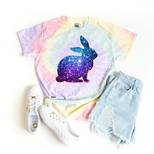 Galactic Bunny Tie-Dye Tee, Pastel Spiral Tie Dye T-Shirt, Boho Rabbit Shirt, Festival Outfit, Spring/Summer Vibes, Cute Pet Lover Gift