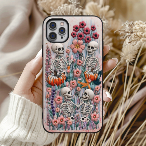 Skeletal Friends Phone Case - Halloween Vibes with Floral Design