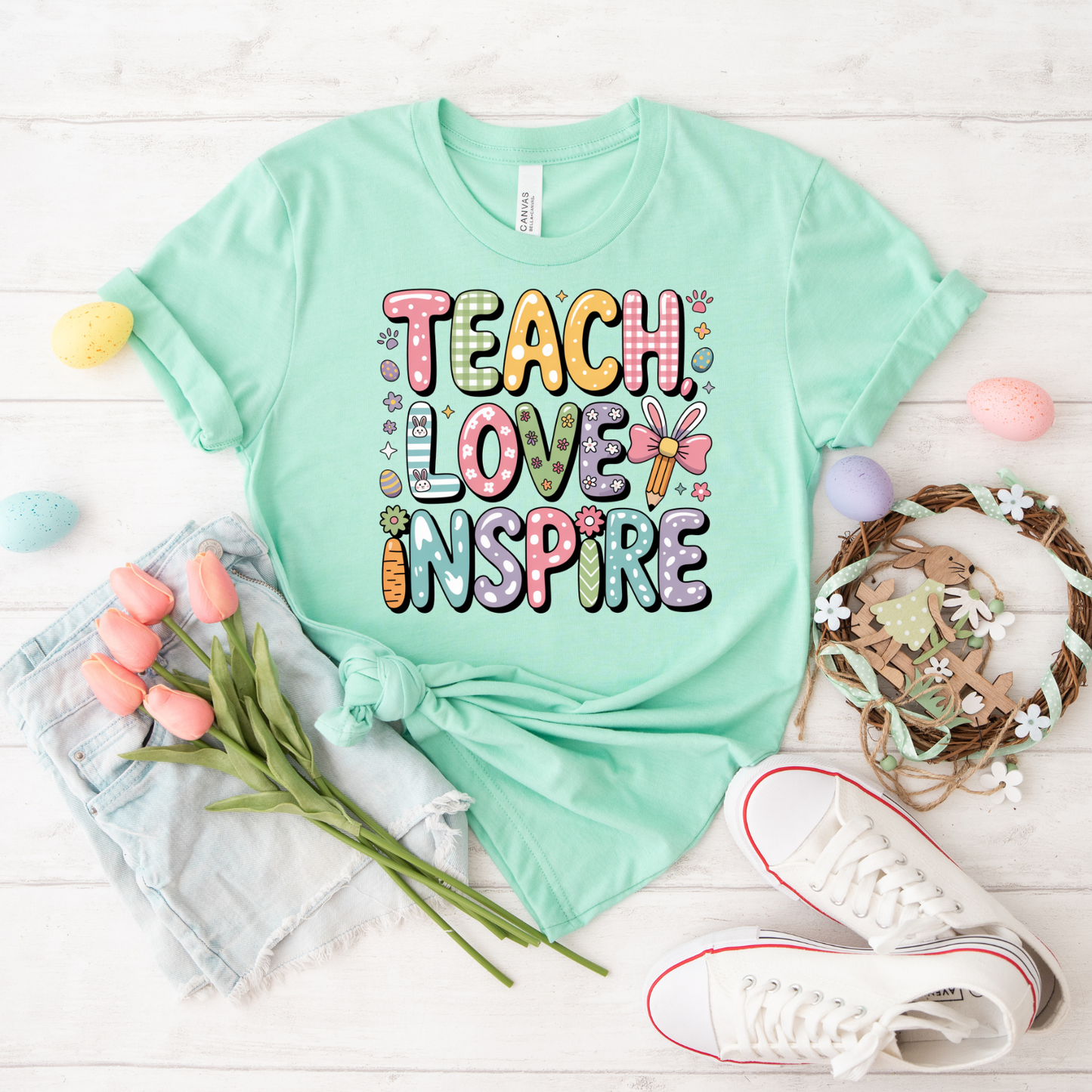 Teacher 'Teach Love Inspire' T-Shirt — Colorful Cute Teacher Appreciation Tee, Teacher Easter Shirt