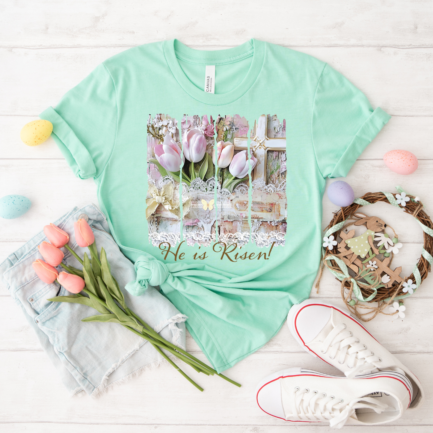 He Is Risen Tulip T‑Shirt — Easter Floral Christian Tee