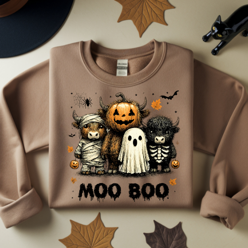 Halloween Themed Crewneck Sweatshirt - 'Moo Boo' Design Farm Animal Halloween Shirt