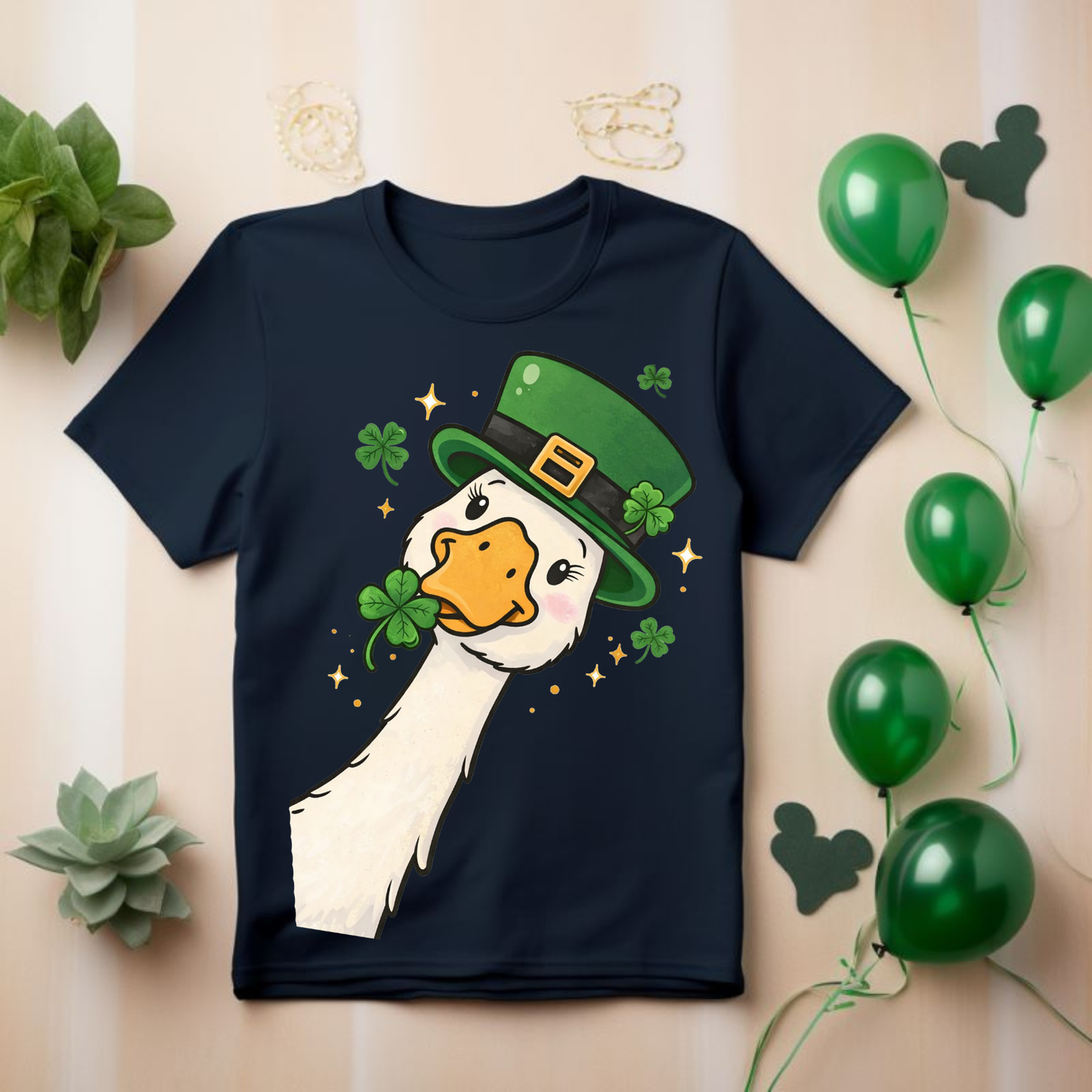 St. Patrick's Day Goose T-Shirt — Cute Leprechaun Hat & Shamrock Design
