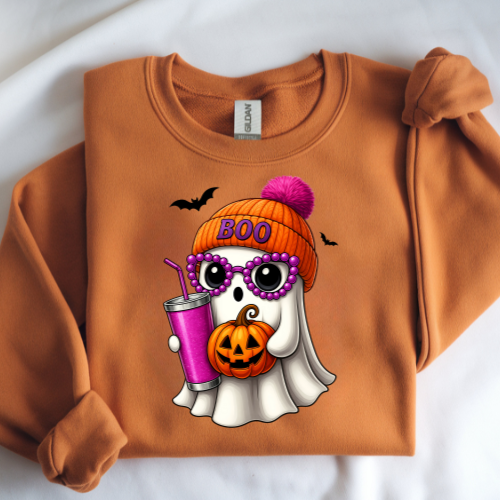 Halloween Ghost Graphic Sweatshirt – Cute 'Boo' Pumpkin & Cozy Beanie Design