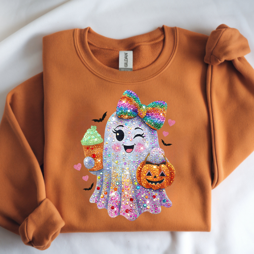 Cute Rainbow Ghost Halloween Sweatshirt - Trick or Treat Pumpkin & Ice Cream Design