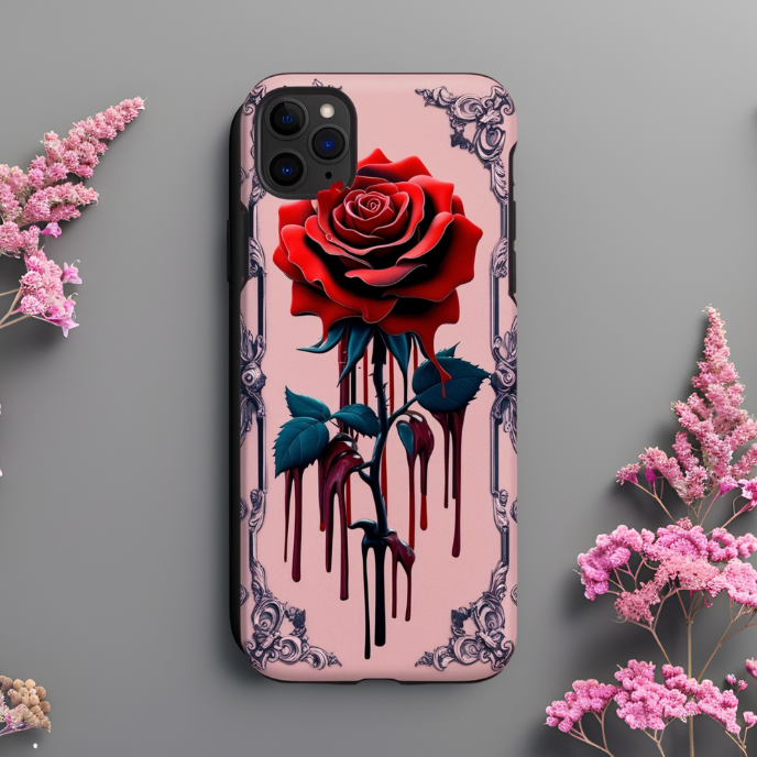 Gothic Floral Phone Case - Tough Cases with Red Rose Design, Gothic Red Rose with Dripping Blood Phone Case for iPhone, Samsung, and Google Pixel