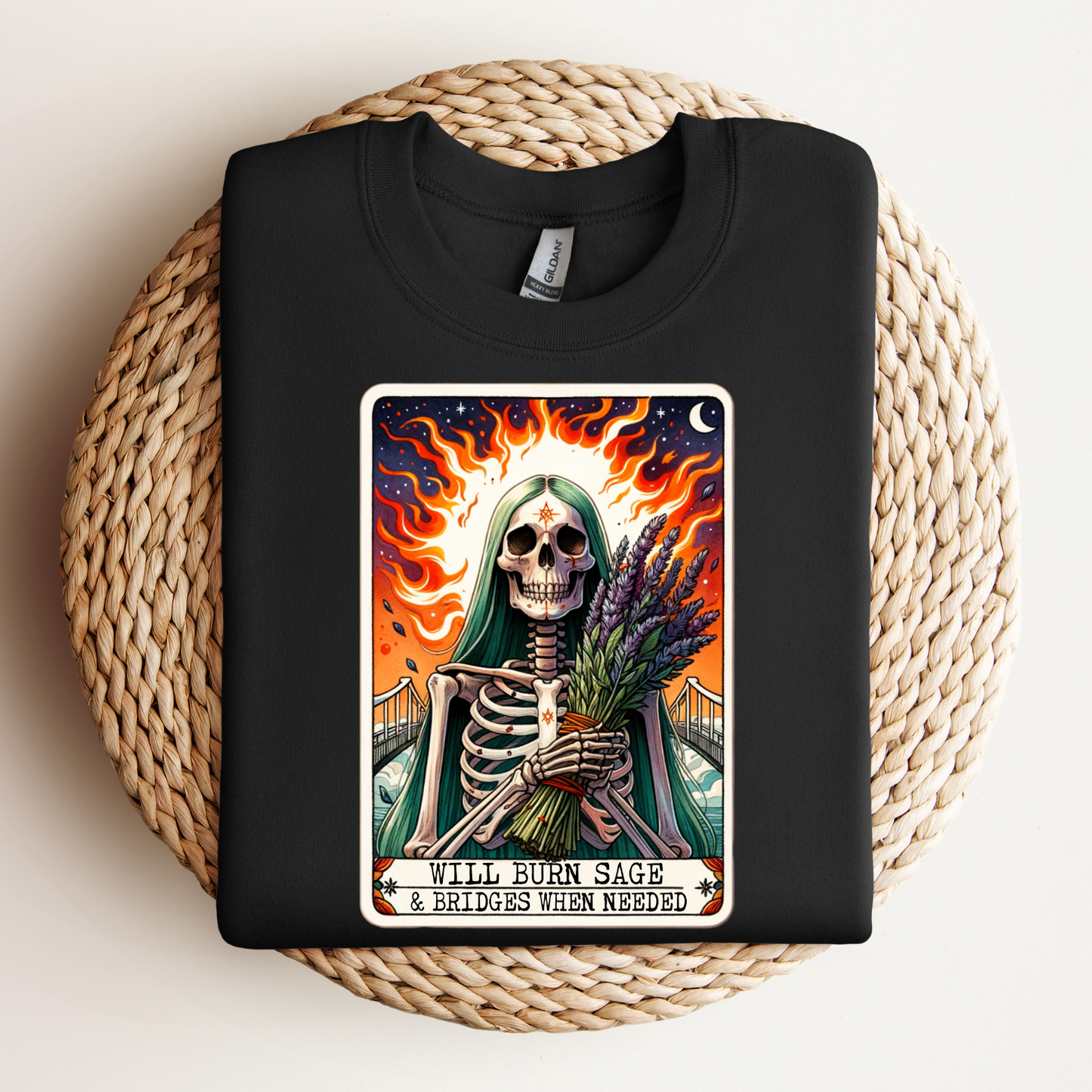 Will Burn Sage & Bridges Unisex Tee - Spooky Vibes for the Bold ,Not Enough Sage Funny Tarot Card , Sarcastic Sweary Skeleton Tarot Card, Adult Humor Witchy Gothic T-Shirt