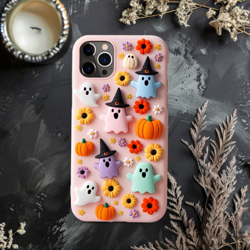 Halloween 3d look pink pastel clay ghost floral cute flower iPhone, Samsung, and Google Pixel. Halloween Doodle Phone Case