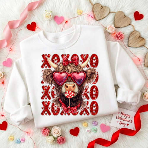 Valentine Cow Crewneck Sweatshirt — Cute Heart Sunglasses XOXO Design