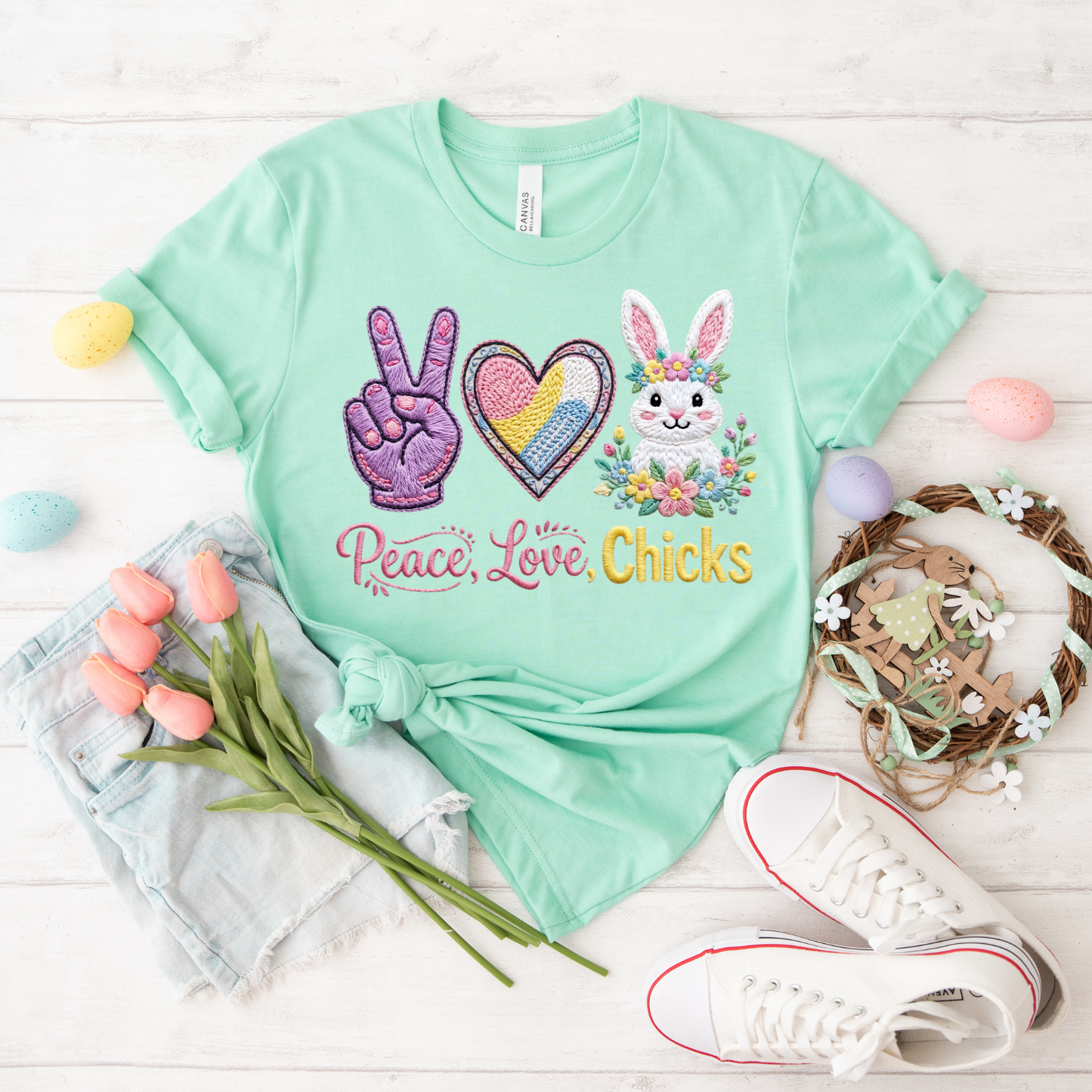Peace, Love, Chicks Tee — Easter Bunny & Heart Graphic T-Shirt