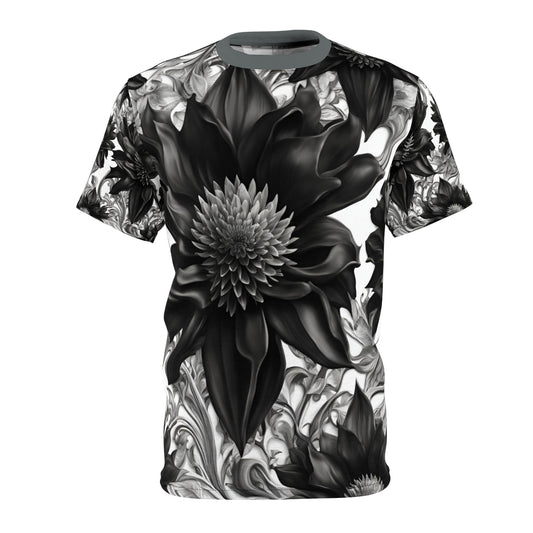 Elegant Floral Unisex Tee - Black & White Design, Gothic Black and White Flowers Shirt, Goth Flowers AOP Shirt
