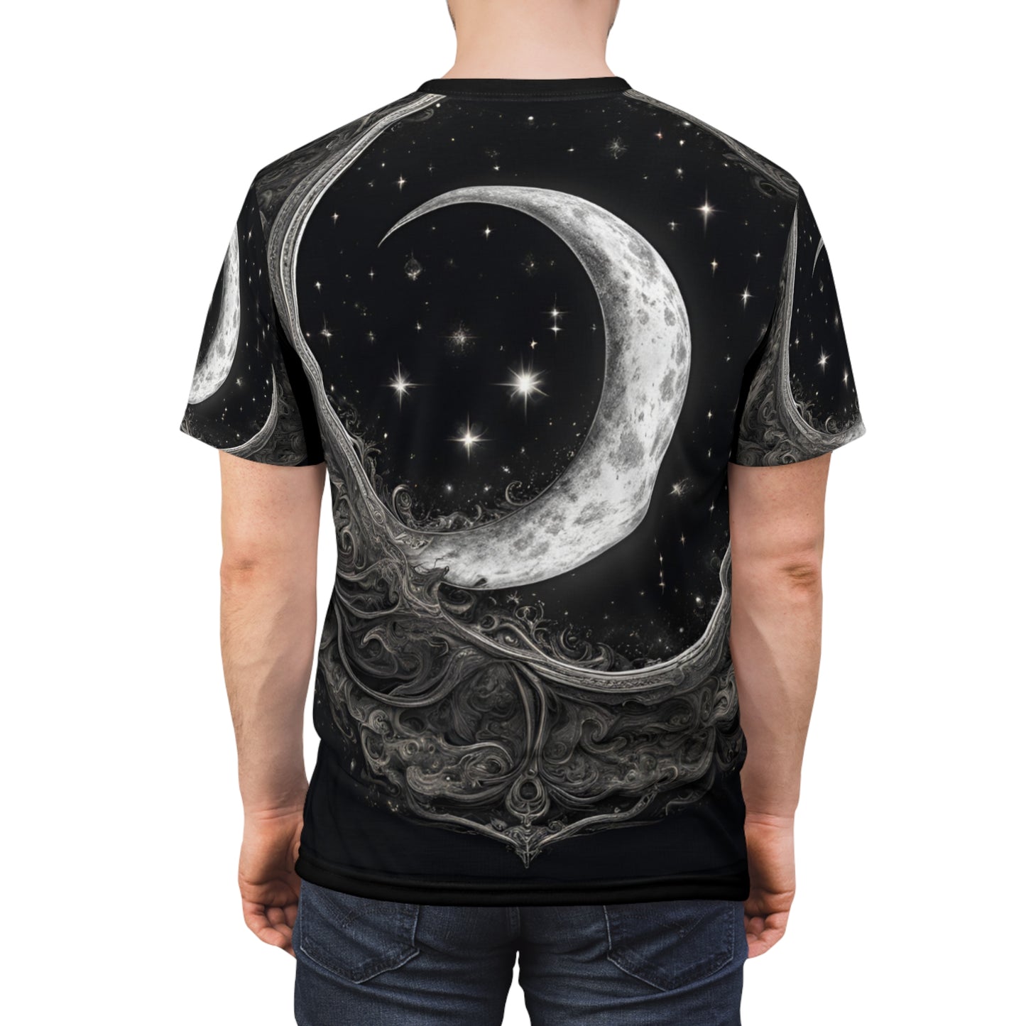 Celestial Moon Unisex Tee - Cosmic Black Design, Black and White Celestial Crescent Moon AOP Shirt