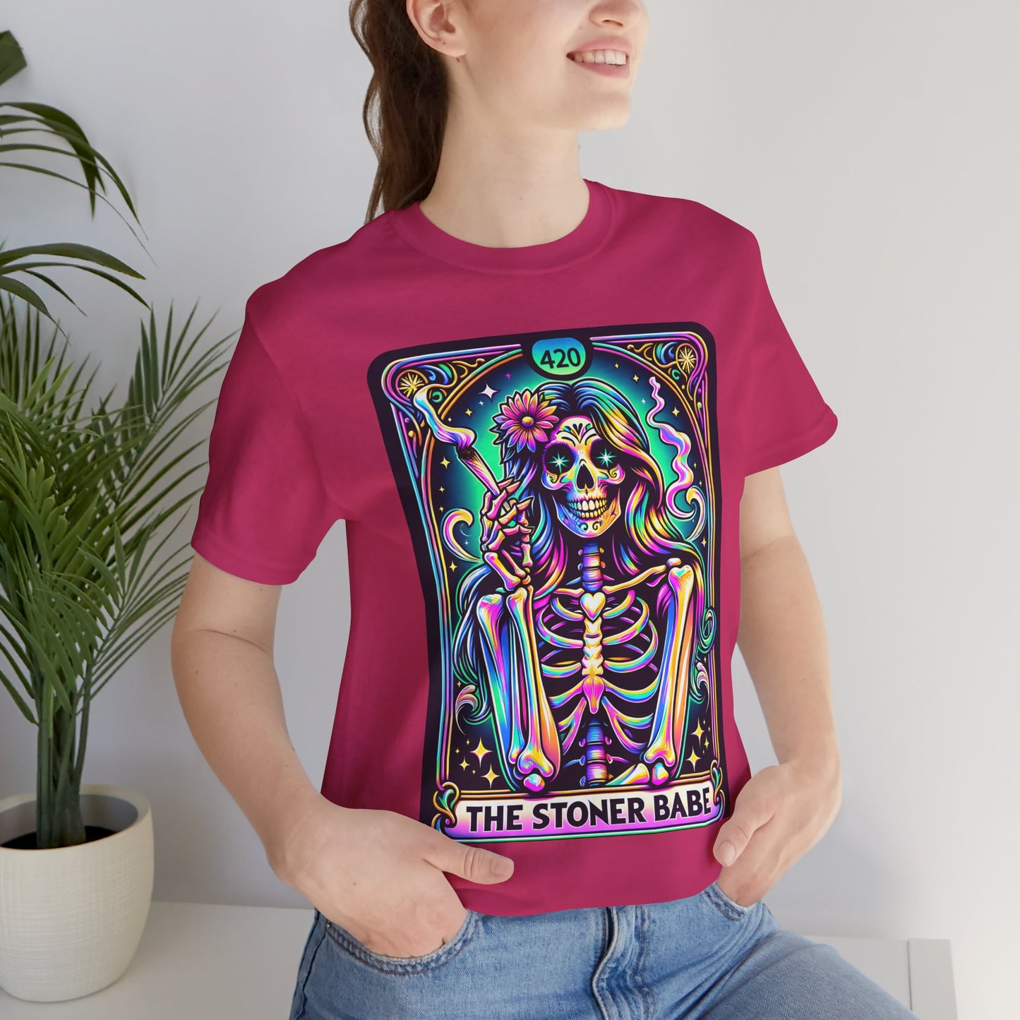 'The Stoner Babe' Unisex Jersey Tee – Colorful Skeleton Graphic for Cannabis Lovers, Stoner Babe Shirt,Stoner Mom Shirt,Organic Weed Shirt,Blaze It Shirt,Marijuana Shirt,Recreational Shirt,Stoner Shirt,Pothead Shirt,Weed