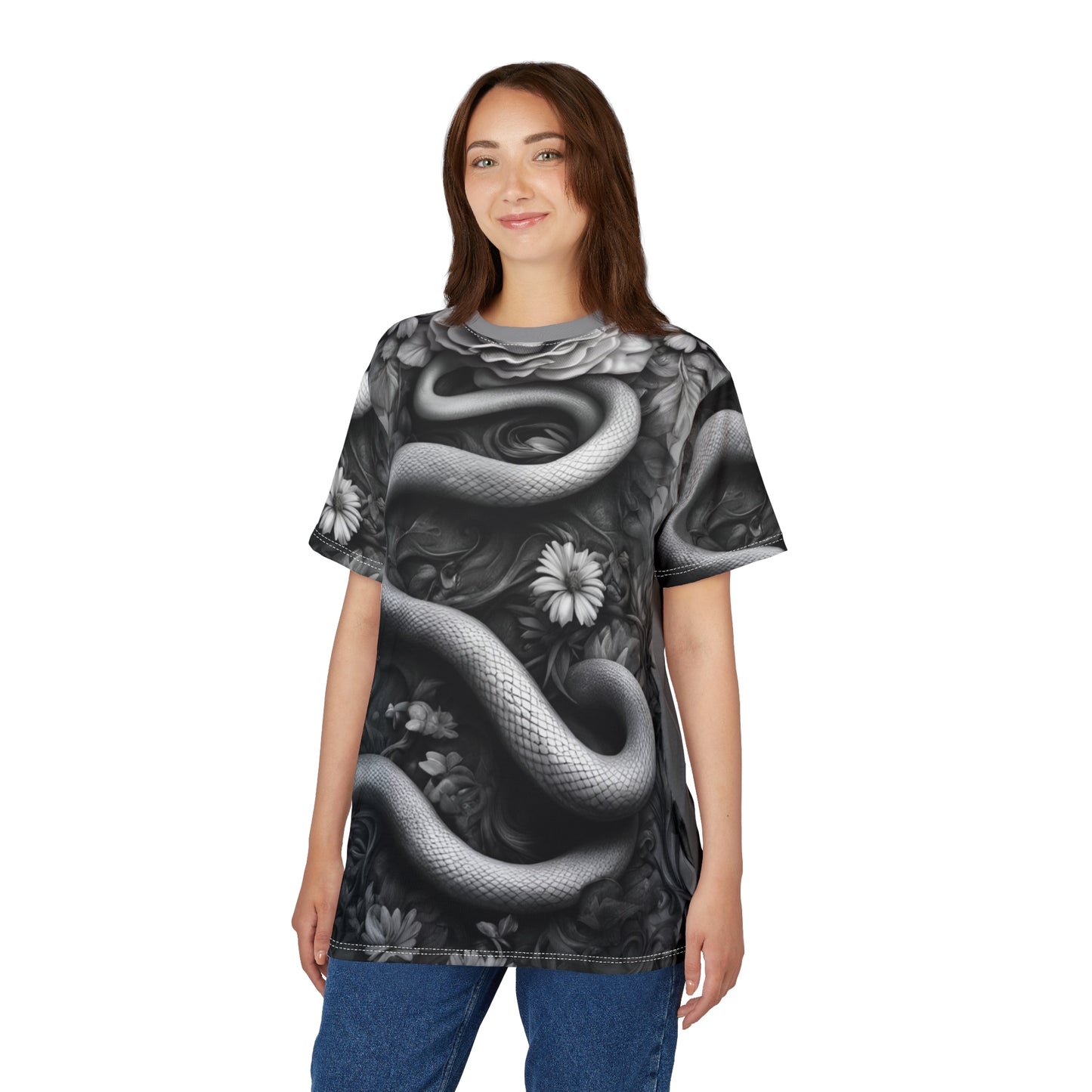 Serpent and Floral Unisex Tee - Stylish Graphic Shirt for Nature Lovers, Black and White Snake and Flowers AOP Shirt