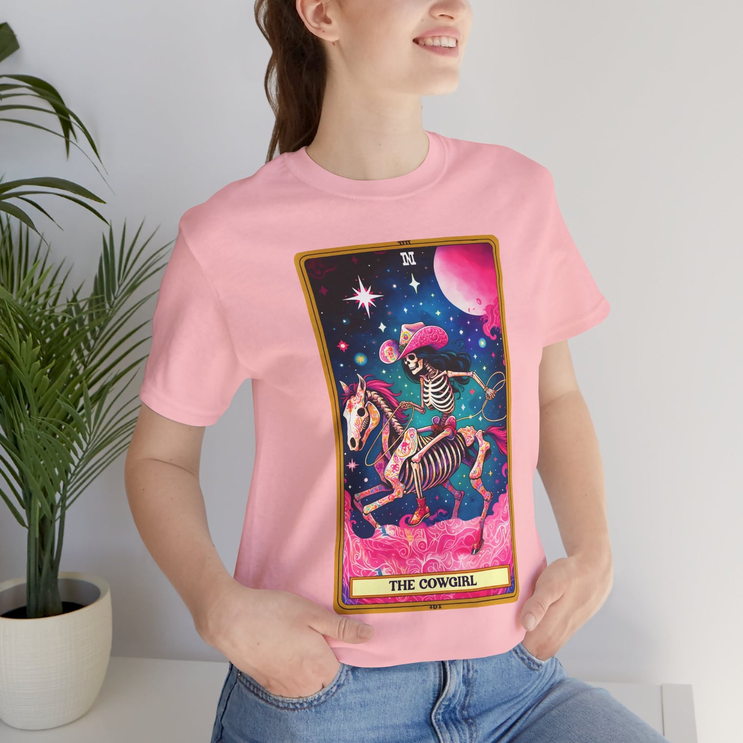 Cosmic Cowgirl Short Sleeve Tee - Retro Skeleton Design, The Cowgirl Tarot Shirt Tarot Lover Tee Western Shirt Cowgirl Tee Friend Gift Western Skeleton Tee Unisex Family Birthday Gift For Her