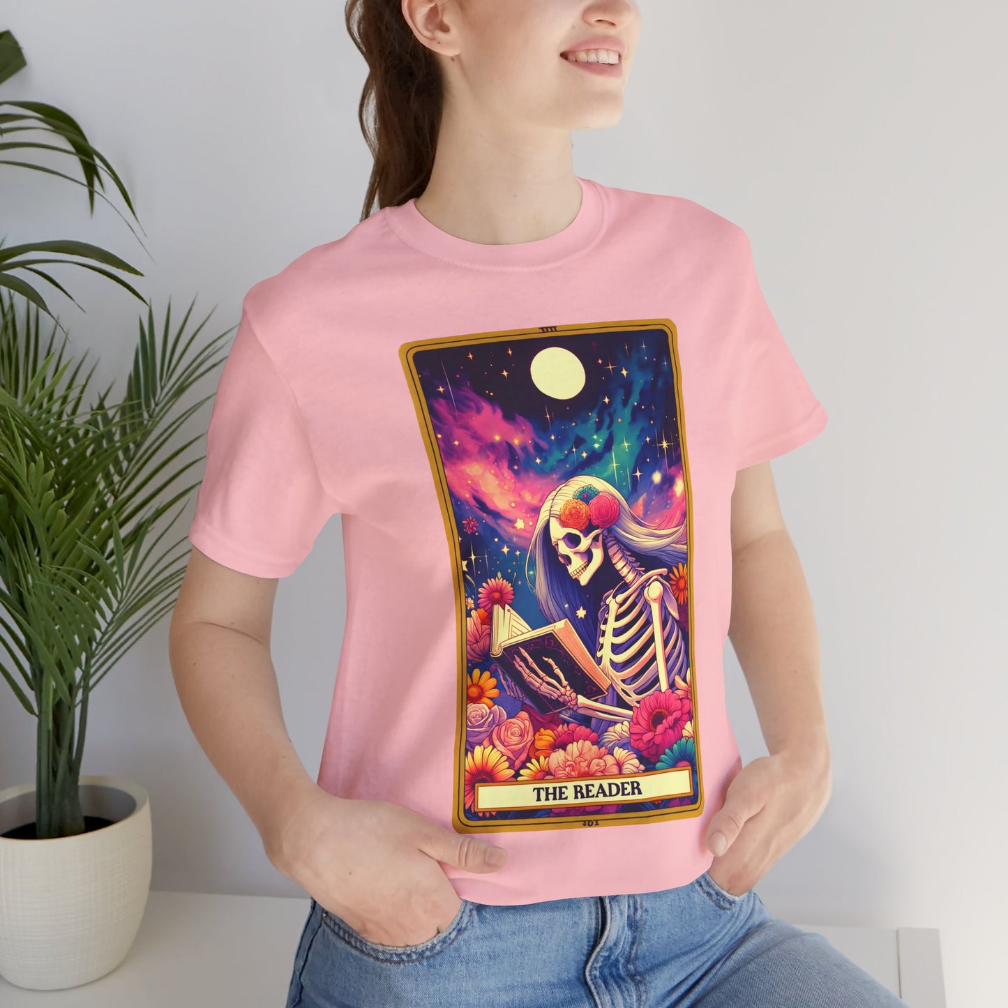 The Reader Skeleton Graphic Tee - Unisex Jersey Short Sleeve Shirt, The Reader Tarot Card Shirt, Skeleton Reading Shirt, Reading Shirt, Tarot Card Shirt, Book Lover Gift, Bookish Gift, Tarot Lover Gift