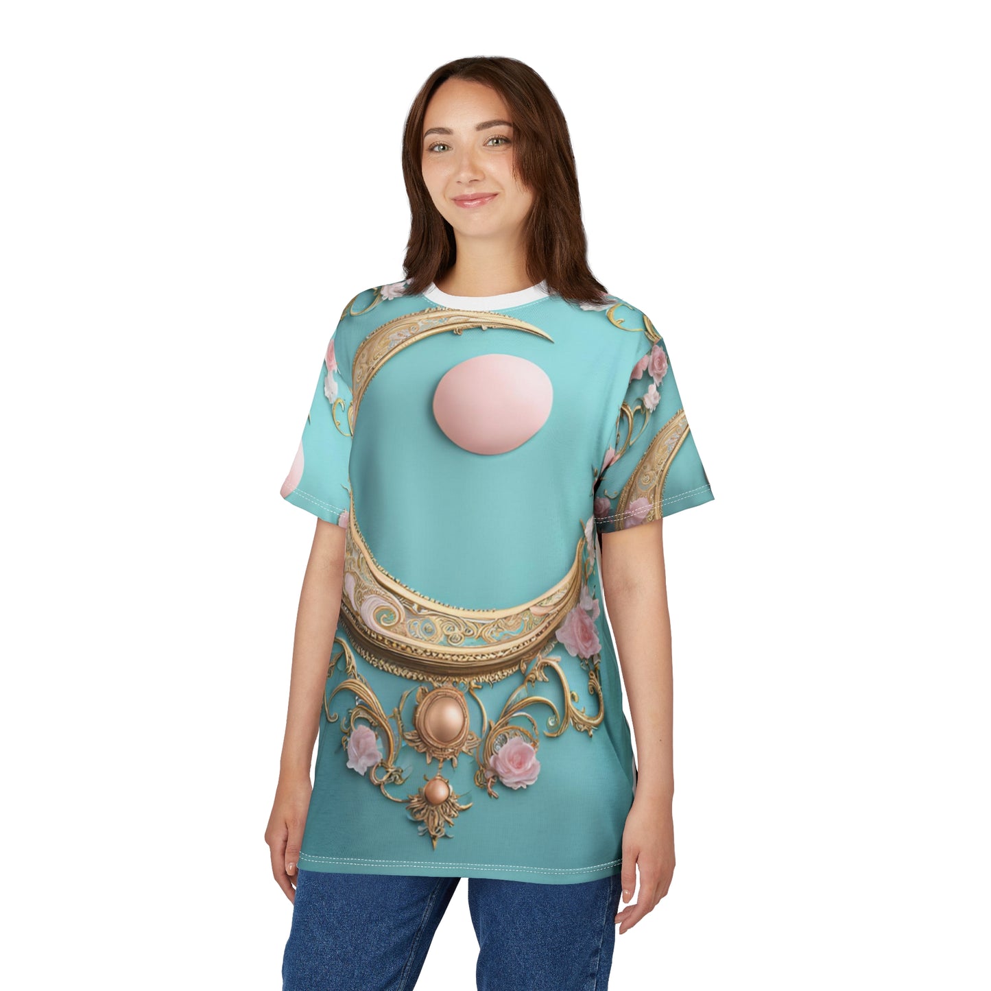 Elegant Moon & Floral Unisex Tee - Stylish Cut & Sew Design, Elegant Crescent Moon AOP Shirt