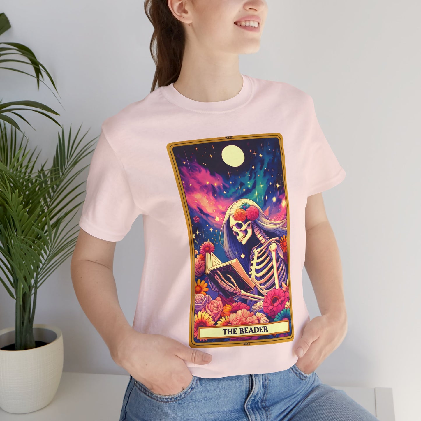 The Reader Skeleton Graphic Tee - Unisex Jersey Short Sleeve Shirt, The Reader Tarot Card Shirt, Skeleton Reading Shirt, Reading Shirt, Tarot Card Shirt, Book Lover Gift, Bookish Gift, Tarot Lover Gift