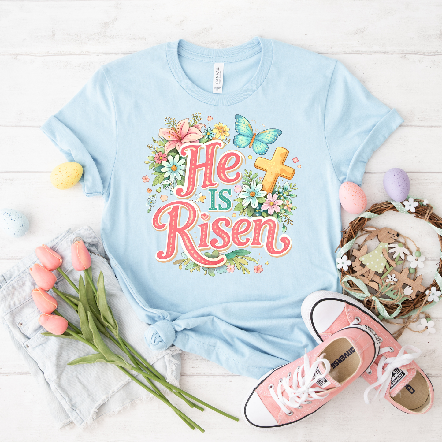 He Is Risen Floral Tee — Easter Christian T-Shirt with Cross & Butterfly