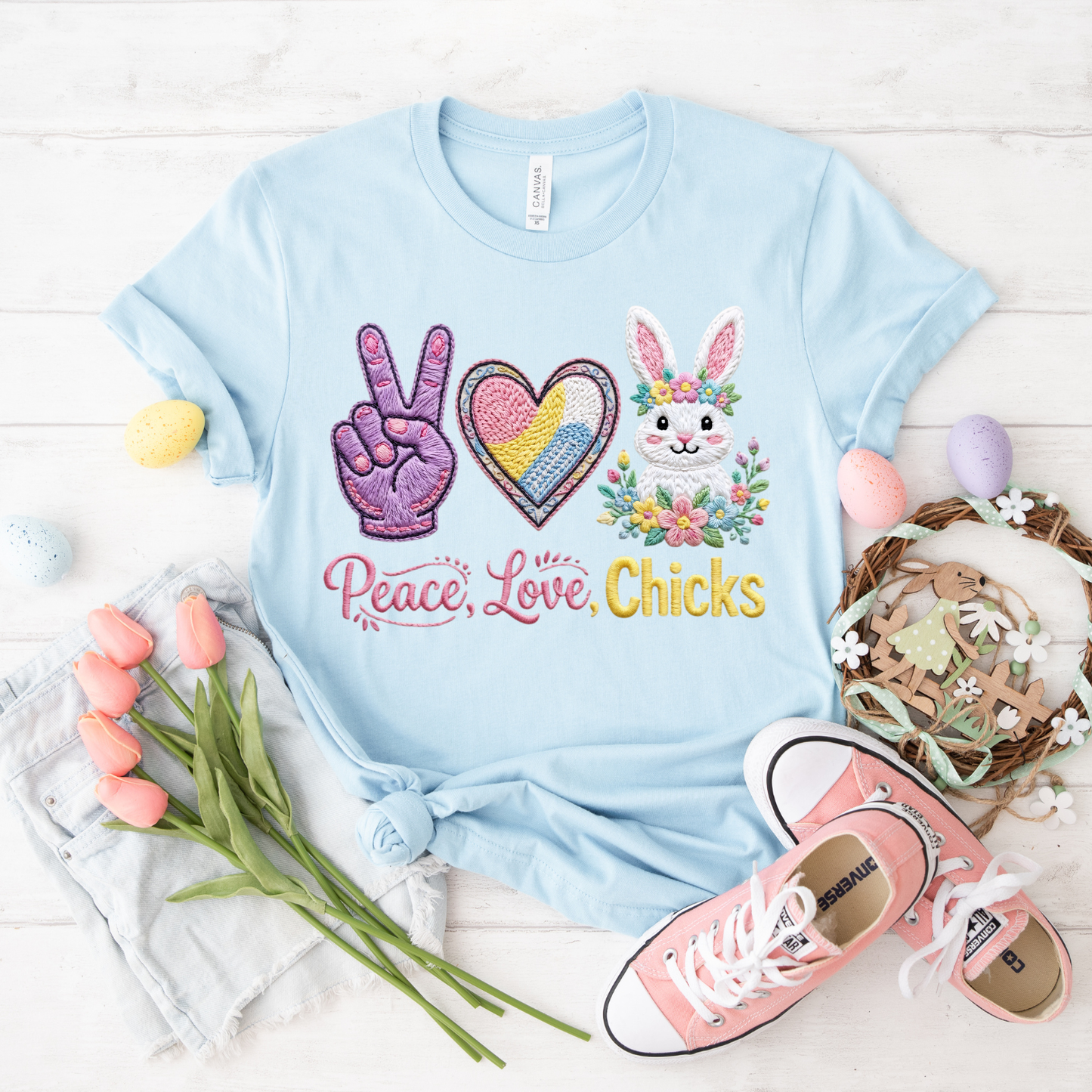 Peace, Love, Chicks Tee — Easter Bunny & Heart Graphic T-Shirt