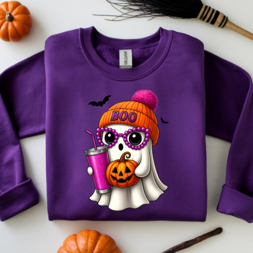 Halloween Ghost Graphic Sweatshirt – Cute 'Boo' Pumpkin & Cozy Beanie Design