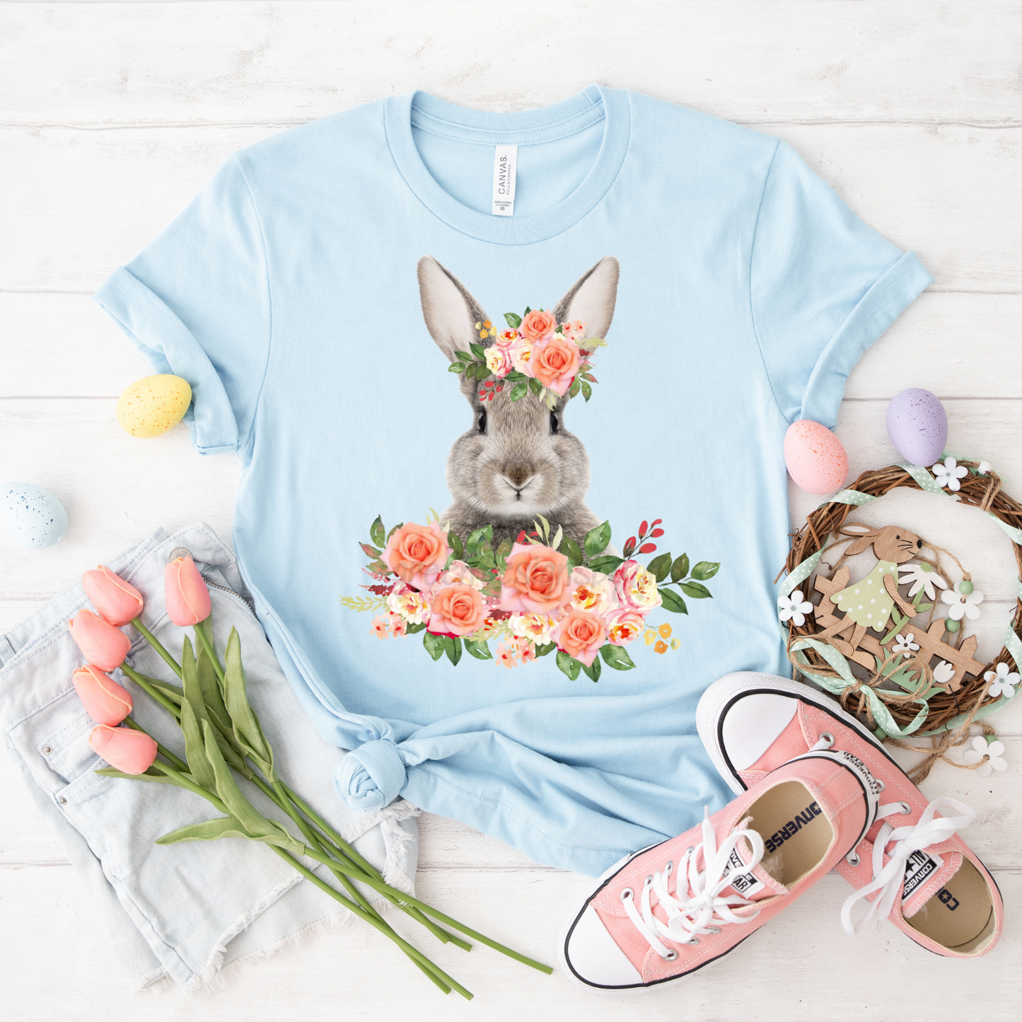 Floral Bunny T-Shirt, Spring Fashion, Garden Party Top, Easter Gift, Nature Lover's Tee, Animal Art Shirt